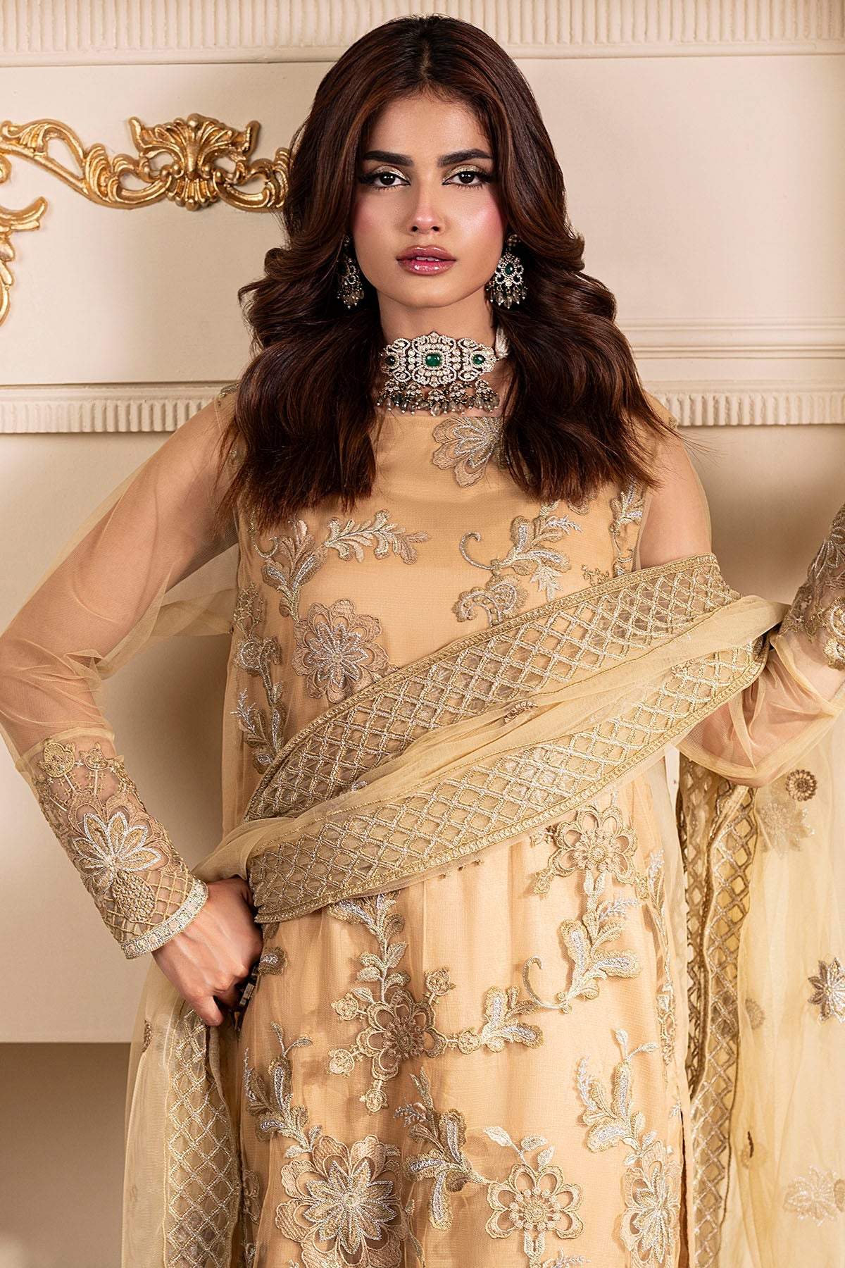 5334-AYLA EMBROIDERED SILK NET STITCHED