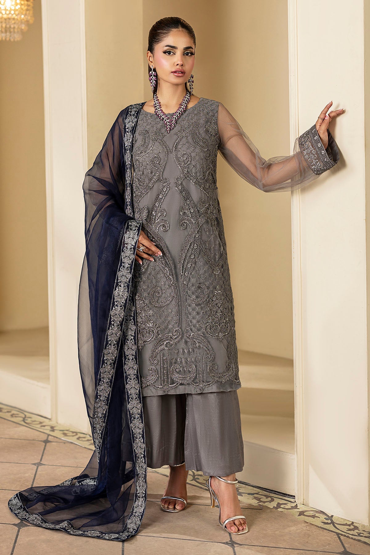 5336-ESME EMBROIDERED SILK NET STITCHED