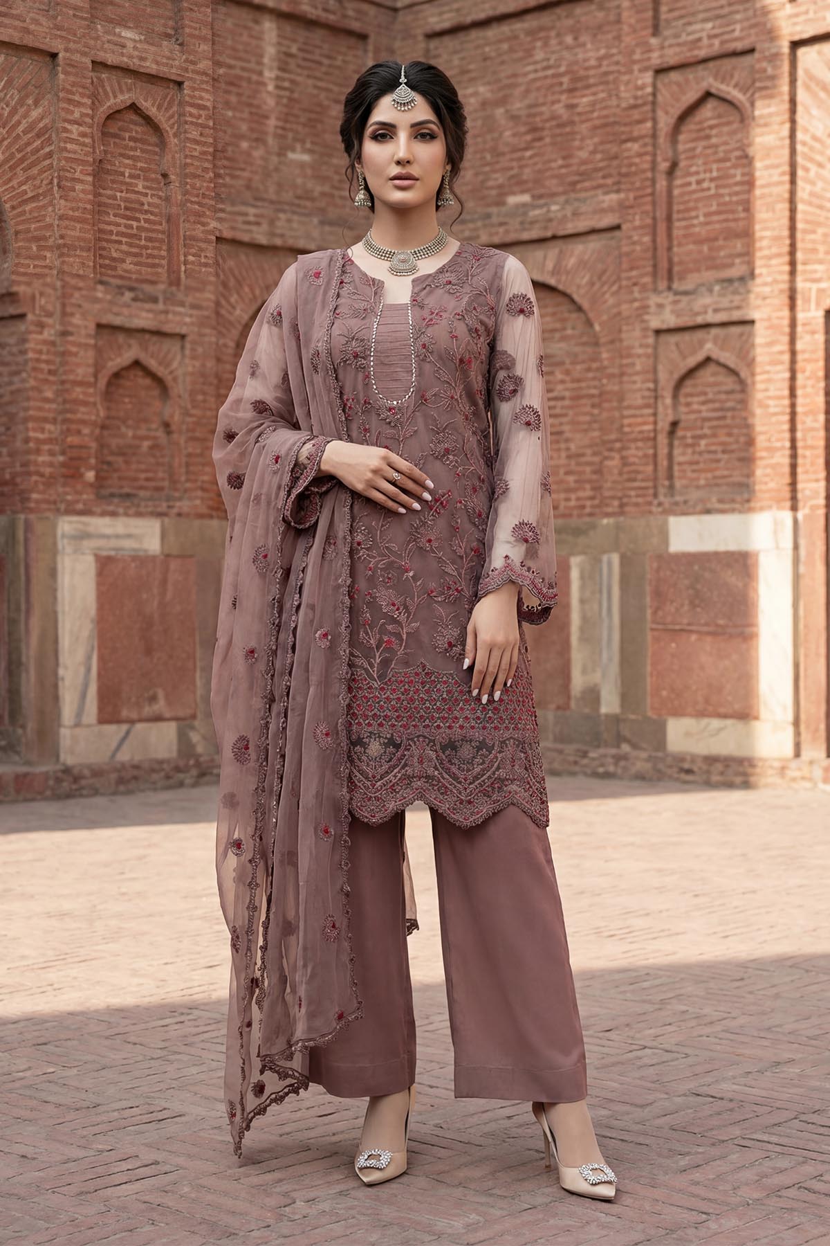 5338-IZARA EMBROIDERED SILK NET STITCHED