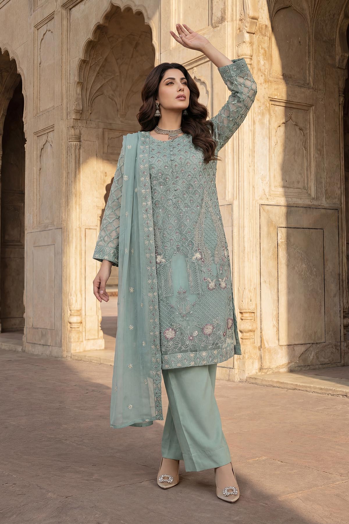 5342-ZOSIA EMBROIDERED SILK NET STITCHED