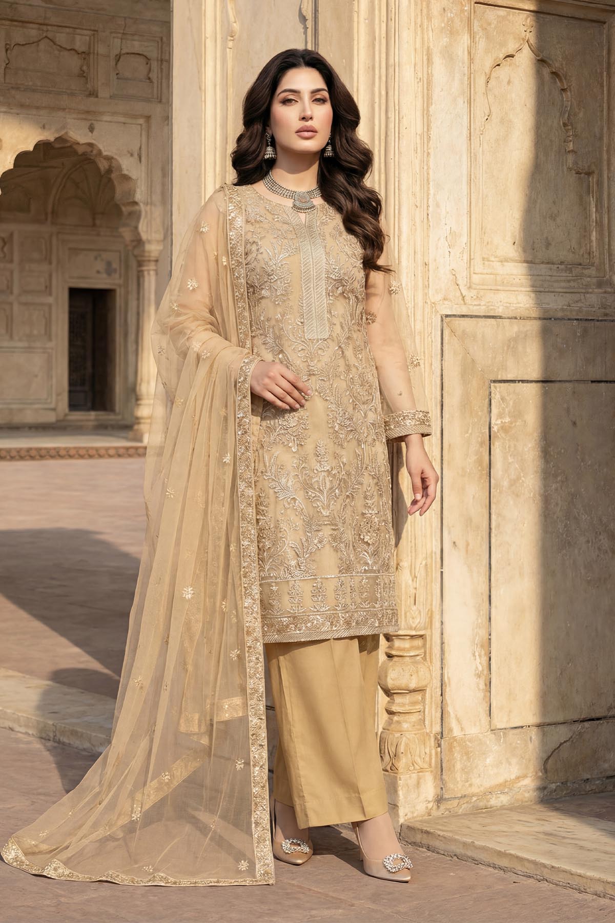 5346-HAZEL EMBROIDERED SILK NET STITCHED