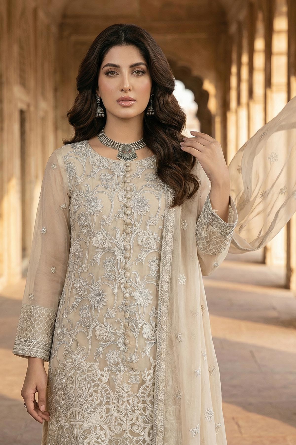 5347-ZOE EMBROIDERED SILK NET STITCHED