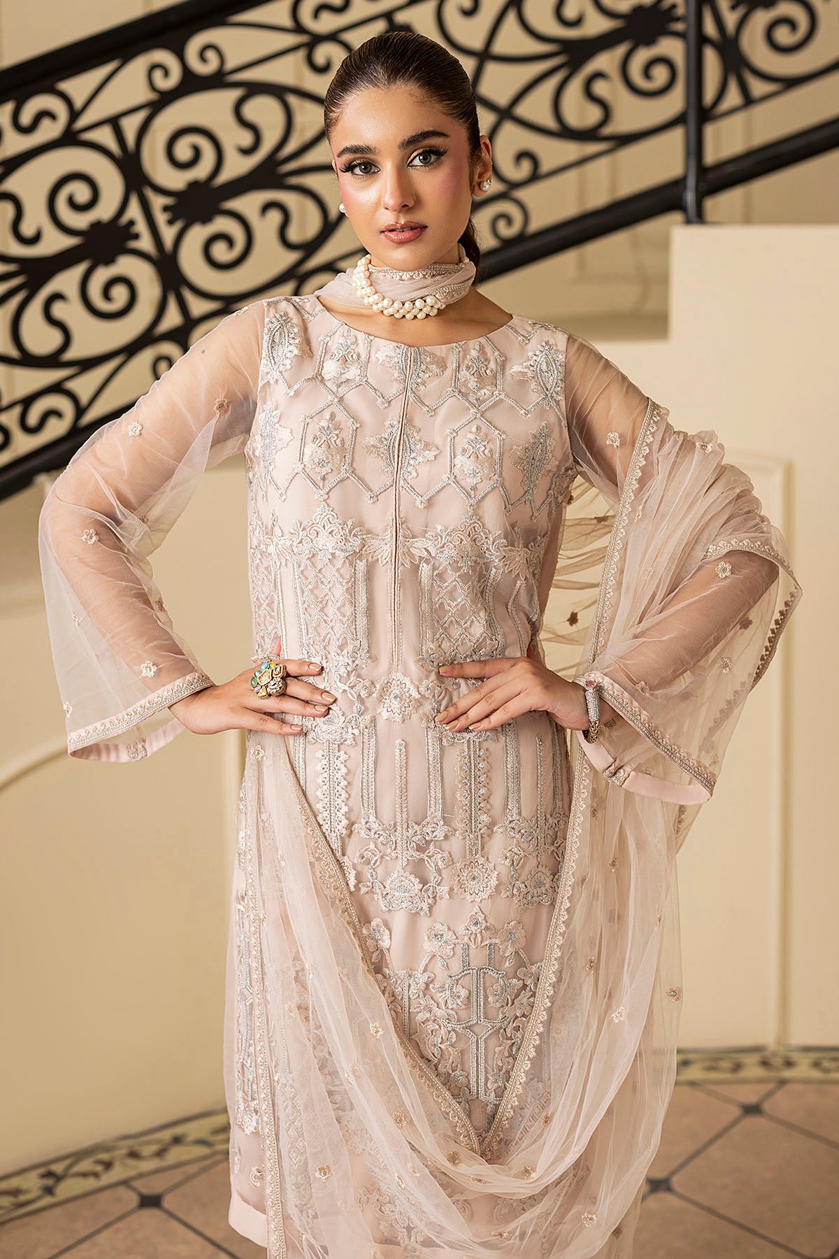 5350-DAISY EMBROIDERED SILK NET STITCHED