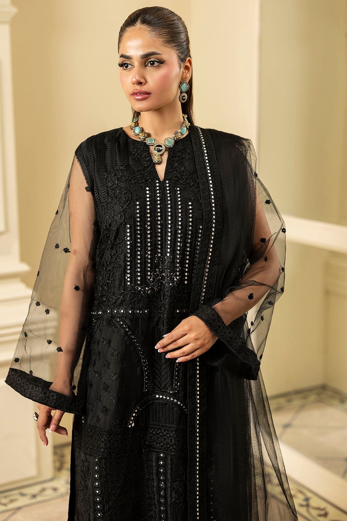 5352-ONYX EMBROIDERED SILK NET STITCHED