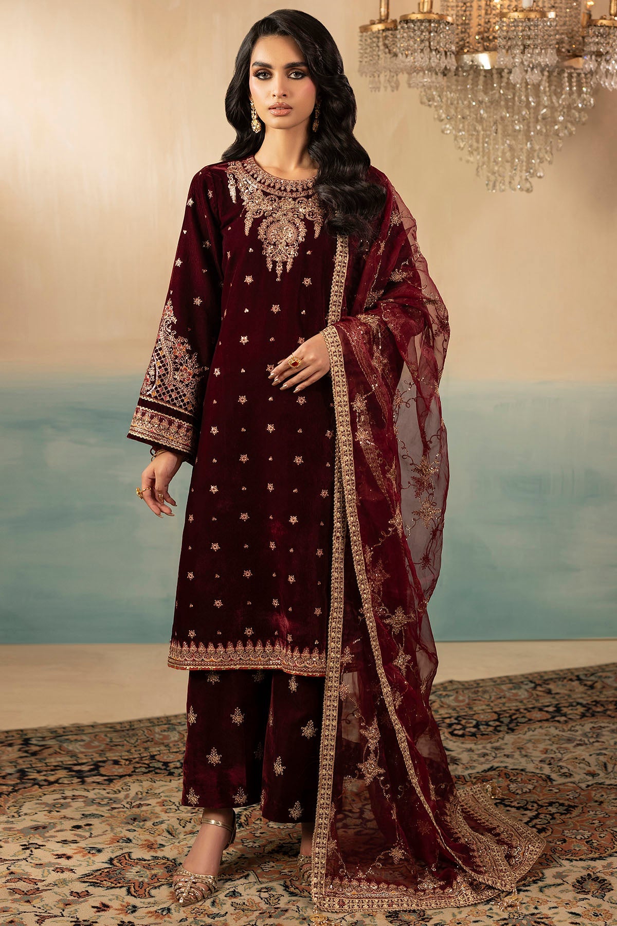5667-SKY EMBROIDERED VELVET UNSTITCHED