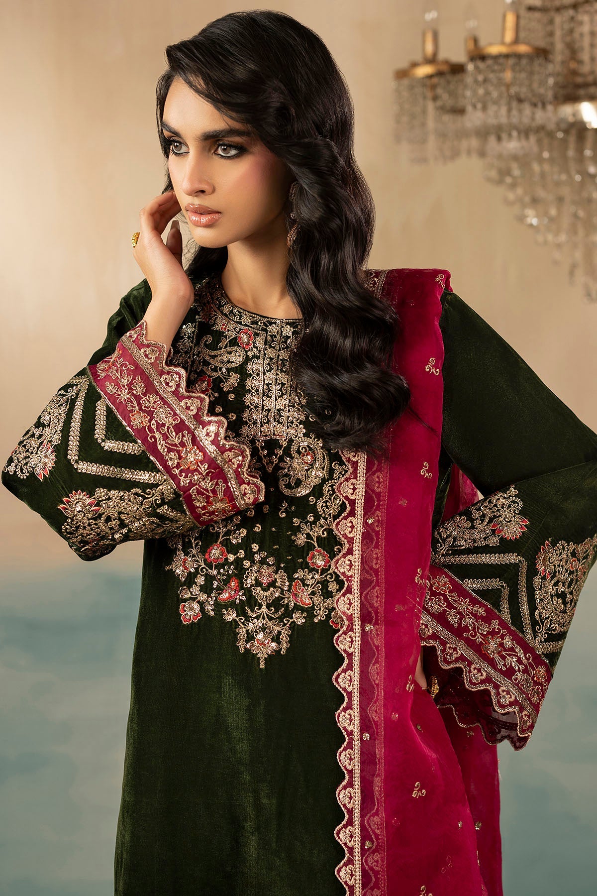 5669-SAGE EMBROIDERED VELVET STITCHED