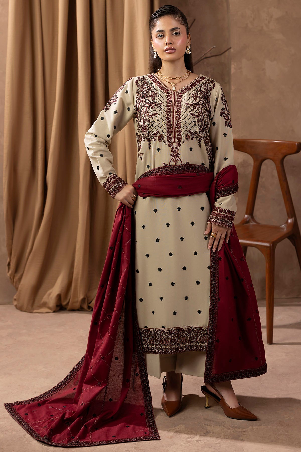 5678-LATTE EMBROIDERED KHADDAR UNSTITCHED