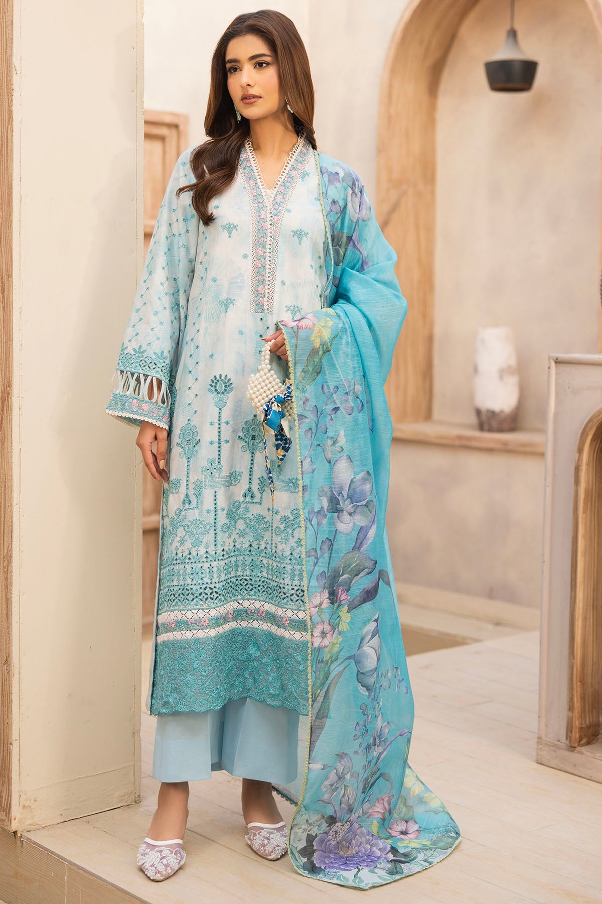 5733-SKY FALL EMBROIDERED LAWN STITCHED