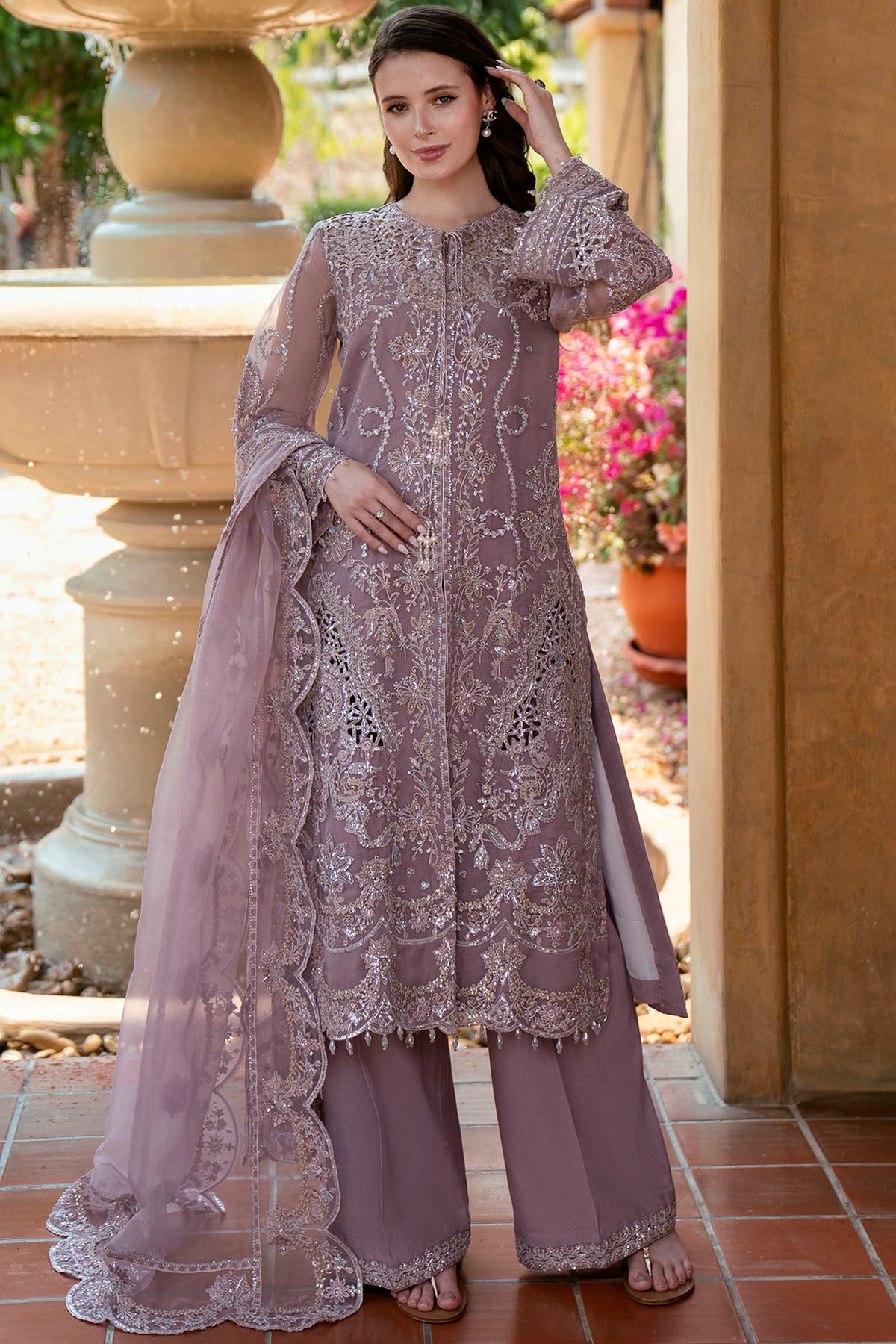 6072-CARNTION EMBROIDERED ORGANZA STITCHED