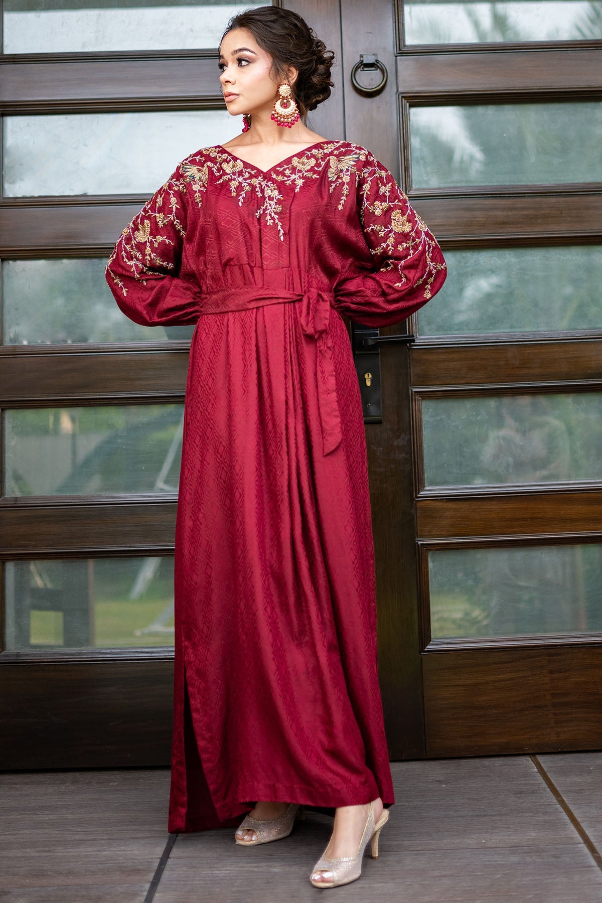 0046-RED-LUSTER HAND EMBELLISHED SILK STITCHED