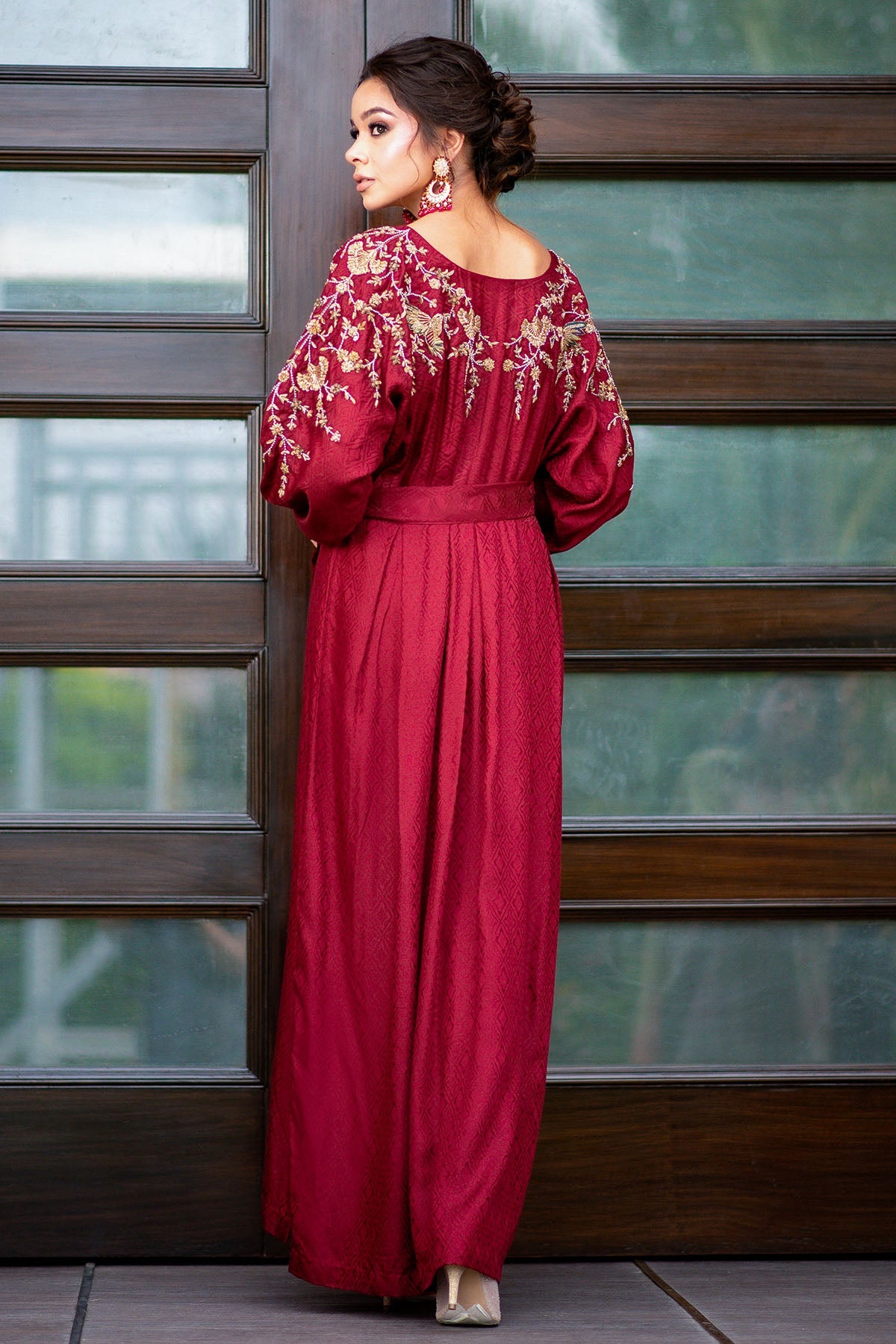 0046-RED-LUSTER HAND EMBELLISHED SILK STITCHED