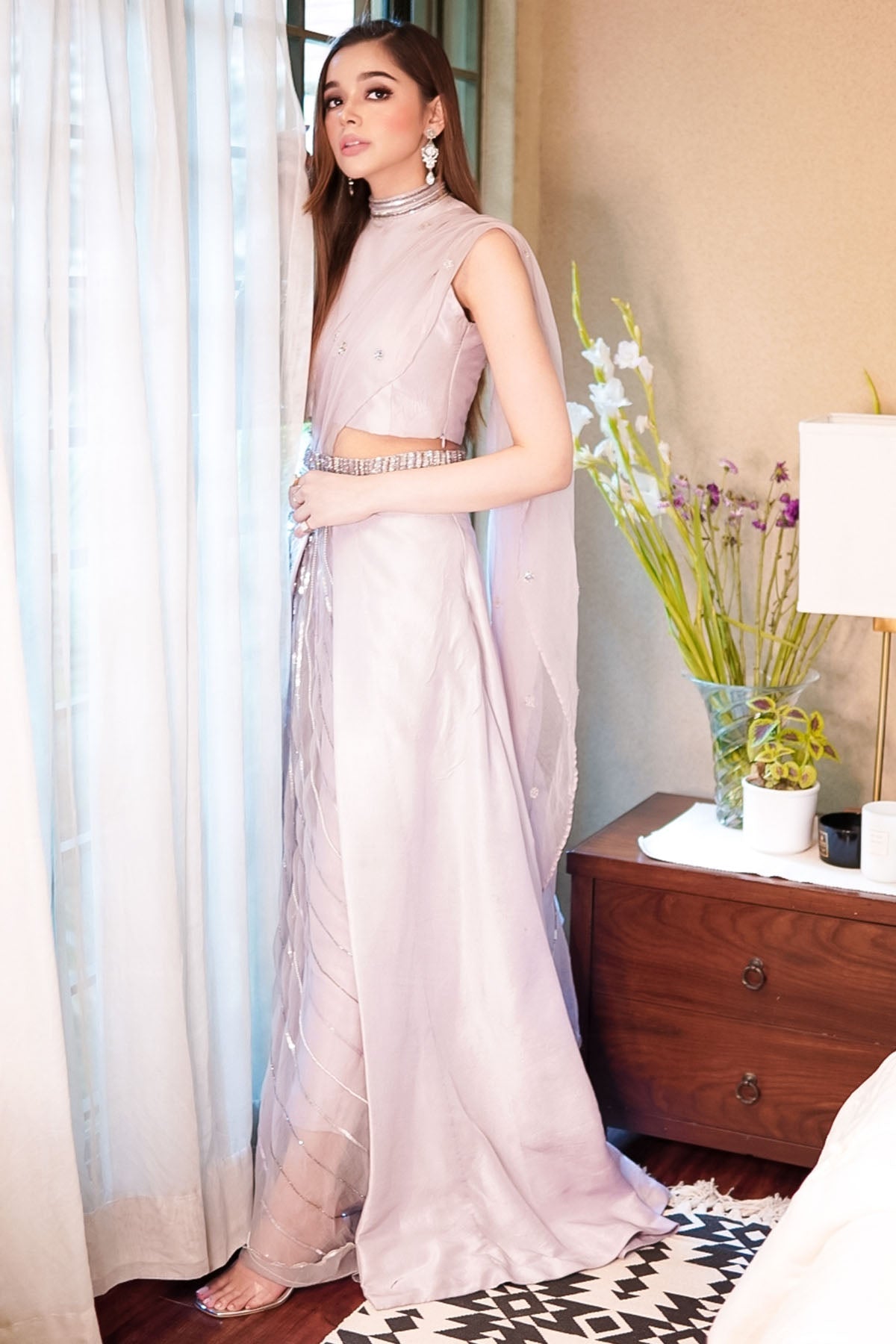 0095-LAVENDER HAND EMBELLISHED RAW SILK STITCHED