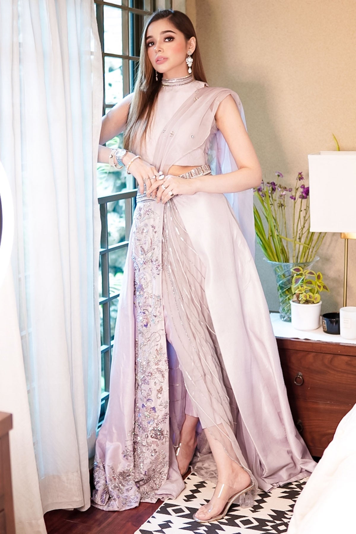 0095-LAVENDER HAND EMBELLISHED RAW SILK STITCHED