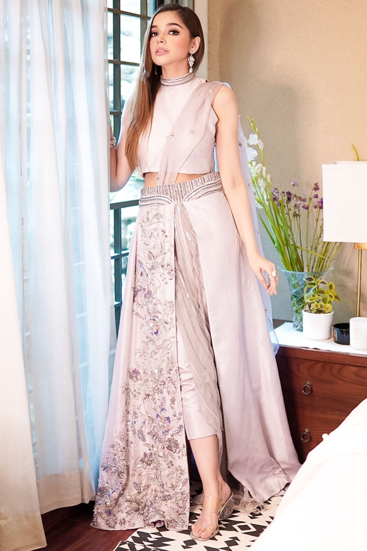 0095-LAVENDER HAND EMBELLISHED RAW SILK STITCHED