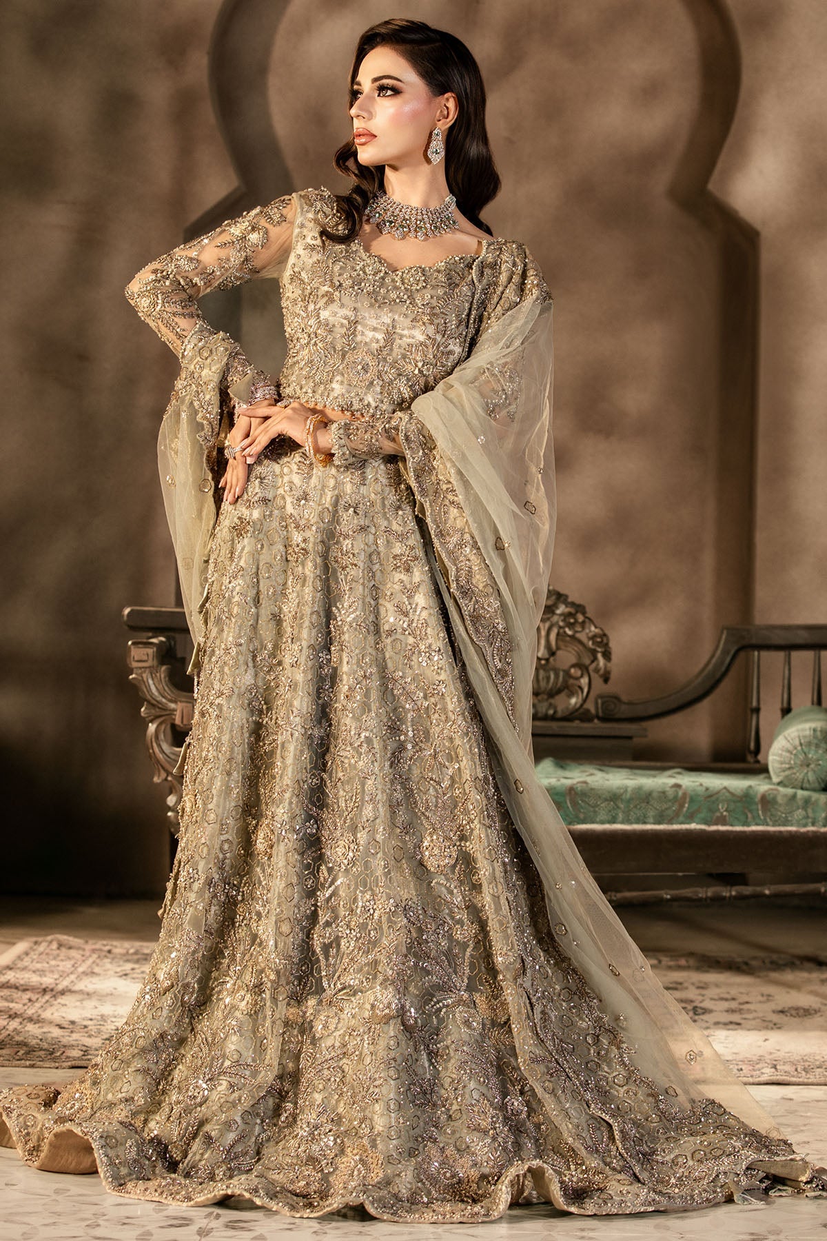 0105-GRANDURE HAND EMBELLISHED SILK NET STITCHED