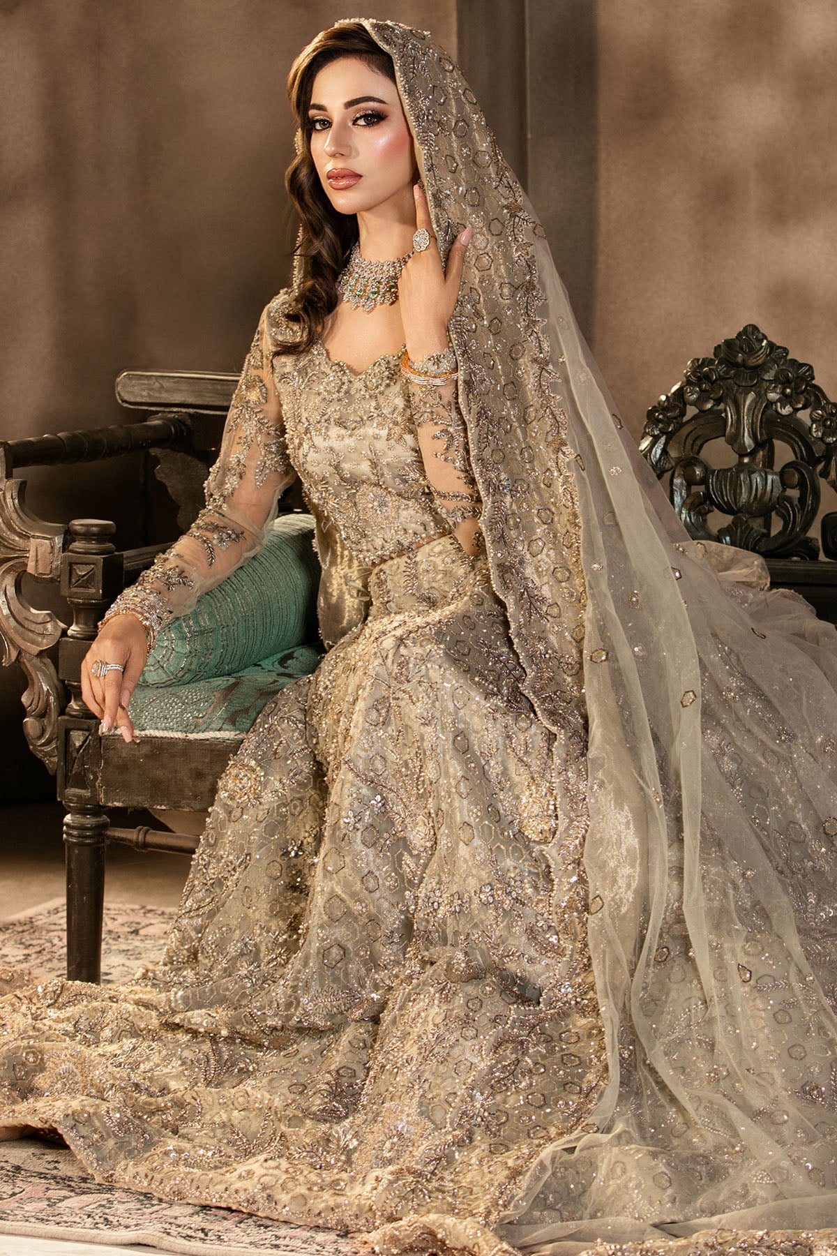0105-GRANDURE HAND EMBELLISHED SILK NET STITCHED