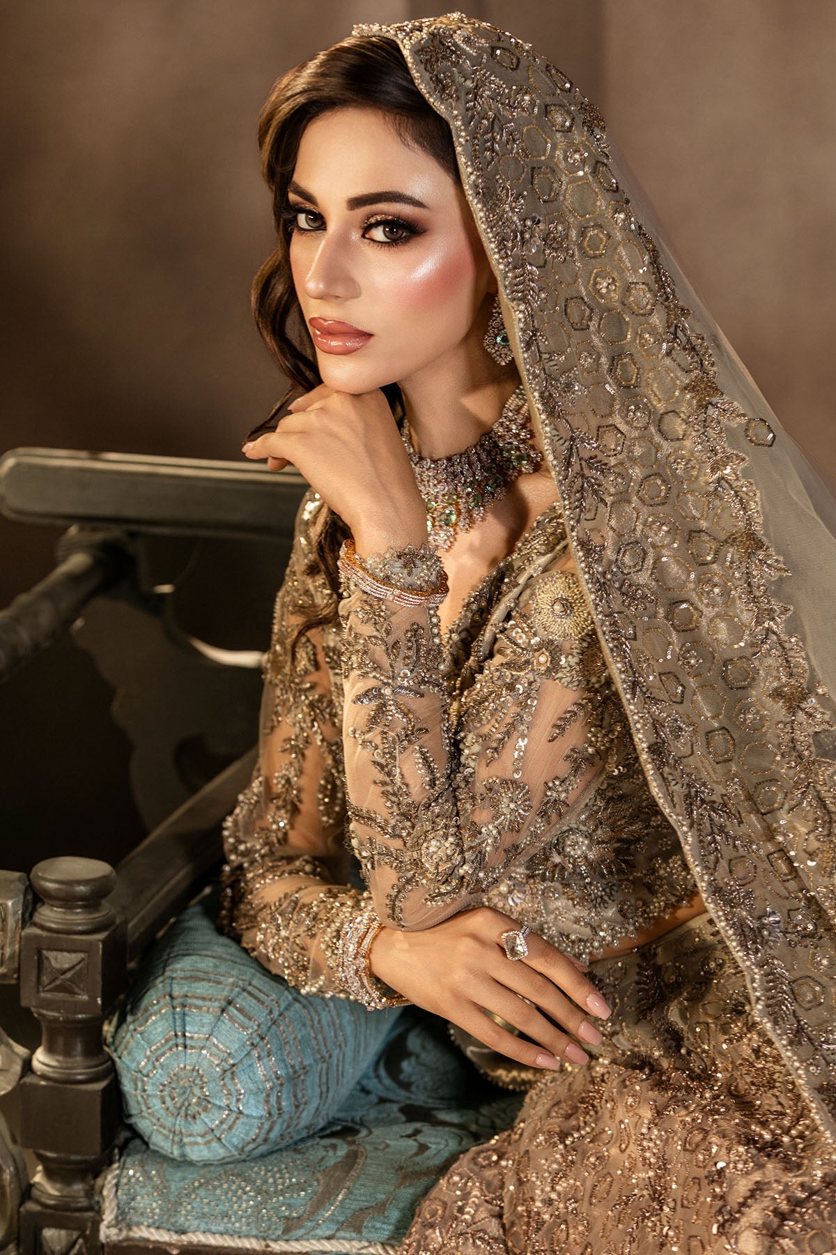 0105-GRANDURE HAND EMBELLISHED SILK NET STITCHED