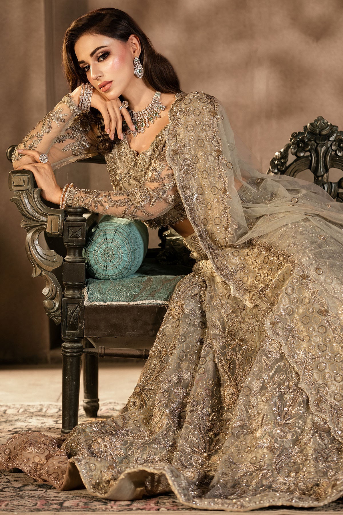 0105-GRANDURE HAND EMBELLISHED SILK NET STITCHED