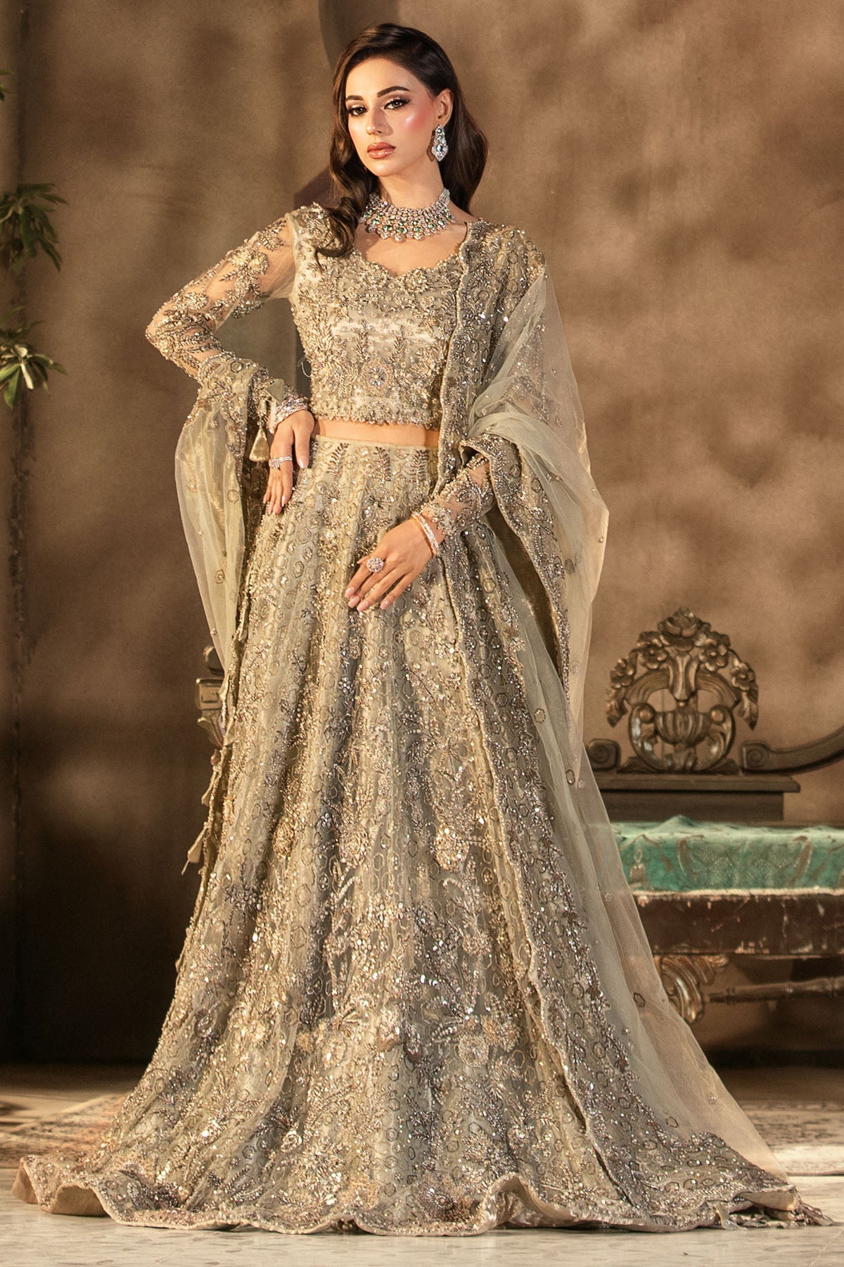 0105-GRANDURE HAND EMBELLISHED SILK NET STITCHED
