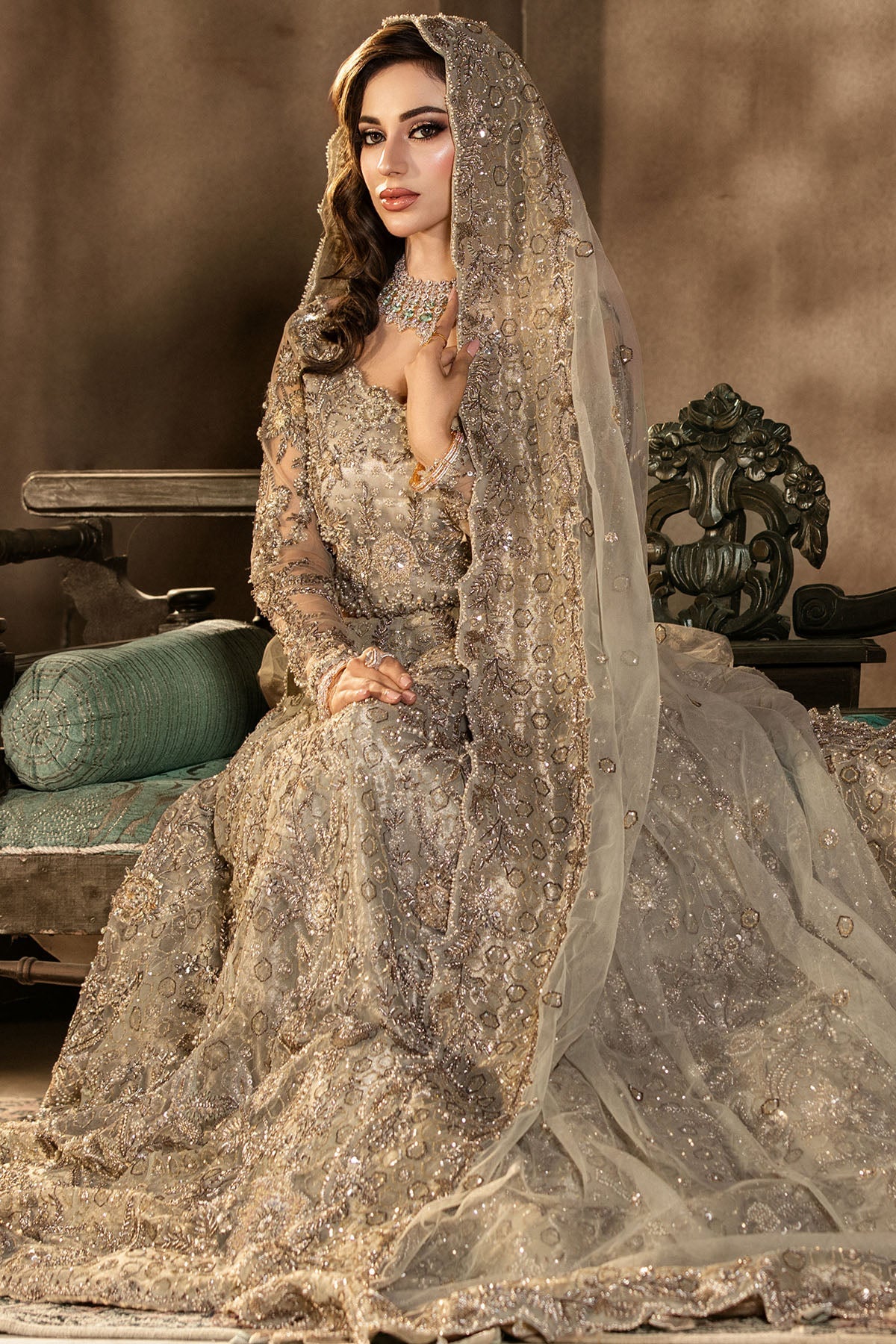 0105-GRANDURE HAND EMBELLISHED SILK NET STITCHED