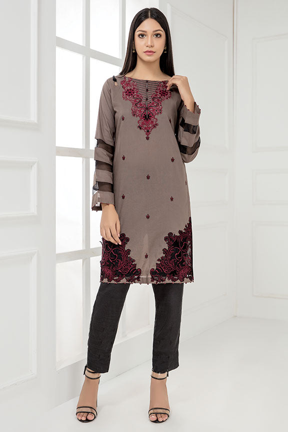 2280-COFFEE-BROWN EMBROIDERED LAWN STITCHED
