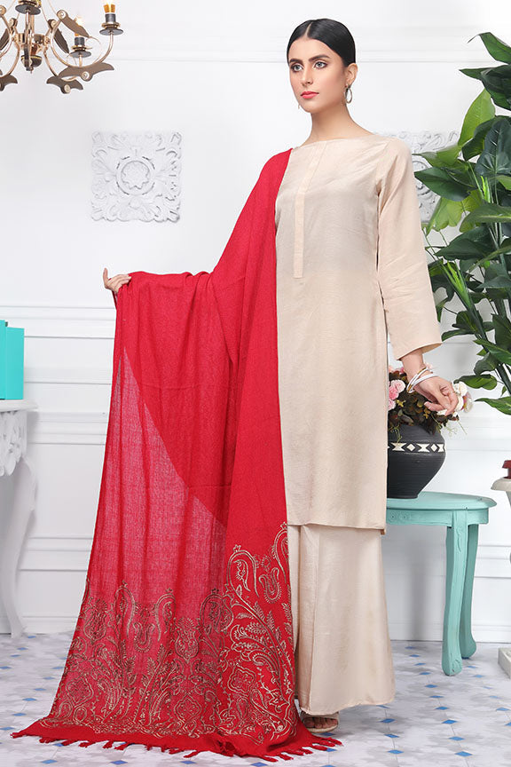 2412-CORAL-RED EMBROIDERED WOOL SHAWL