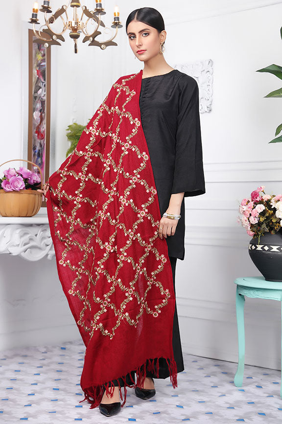 2420-RUBY-RED EMBROIDERED WOOL SHAWL