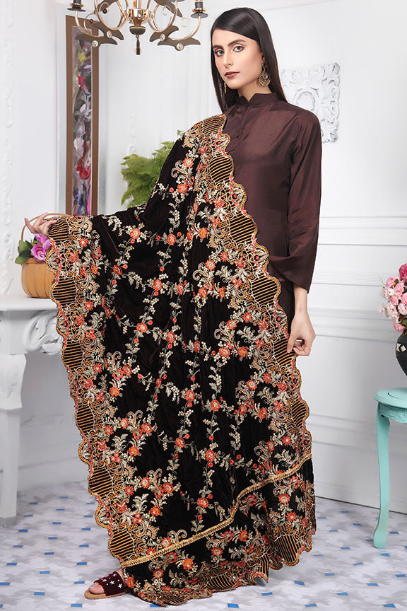 2438-CHOCO-LILY EMBROIDERED VELVET SHAWL