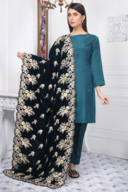 2442-MIDNIGHT-GREEN EMBROIDERED VELVET SHAWL