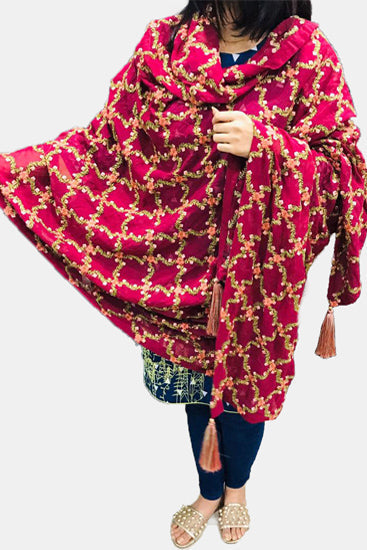 2317 DULL RED EMBROIDERED CHIFFON SHAWL