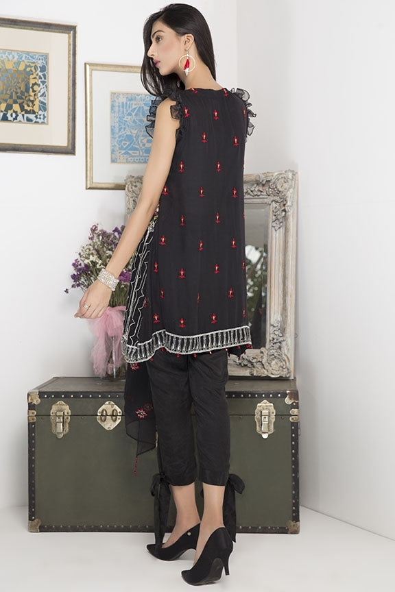 1731-BLACK EMBROIDERED CRINKLE CHIFFON STITCHED