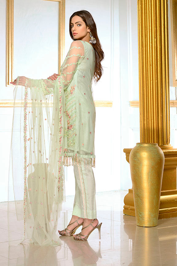 1931-MINT-GREEN EMBROIDERED SILK NET STITCHED