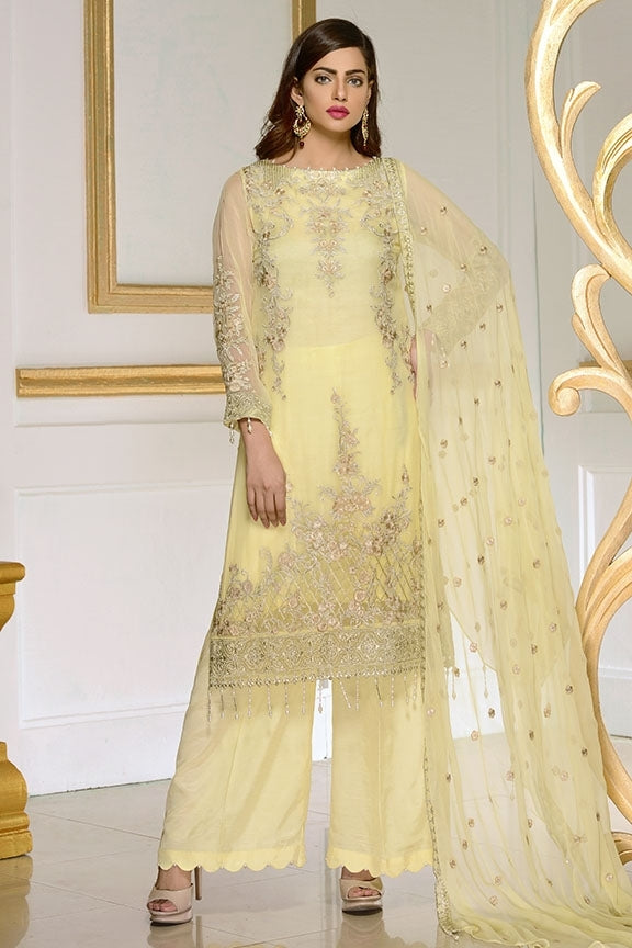 1936-LEMON-YELLOW EMBROIDERED BEMBERG CHIFFON UNSTITCHED