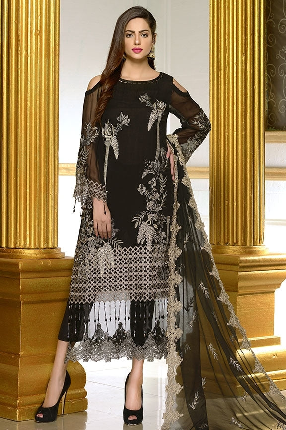 1939-BLACK EMBROIDERED BEMBERG CHIFFON STITCHED