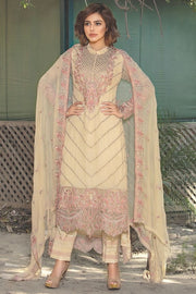 2014-BEIGE EMBROIDERED BEMBERG CHIFFON UNSTITCHED