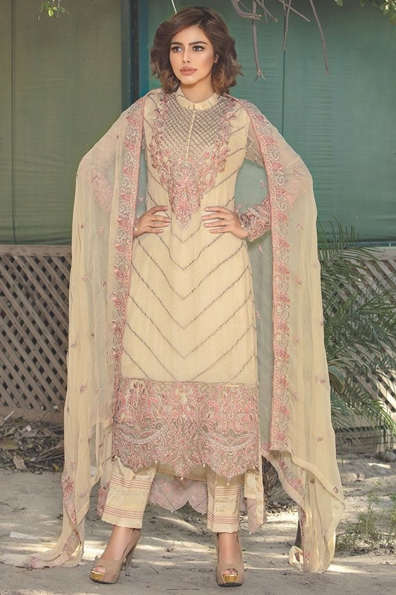 2014-BEIGE EMBROIDERED BEMBERG CHIFFON UNSTITCHED