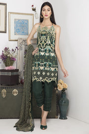 2020-BOTTLE-GREEN EMBROIDERED CRINKLE CHIFFON STITCHED