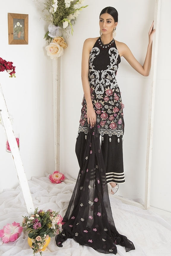 2100-BLACK EMBROIDERED CRINKLE CHIFFON STITCHED