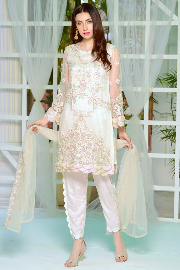 2174-PEARL-WHITE EMBROIDERED SILK NET STITCHED