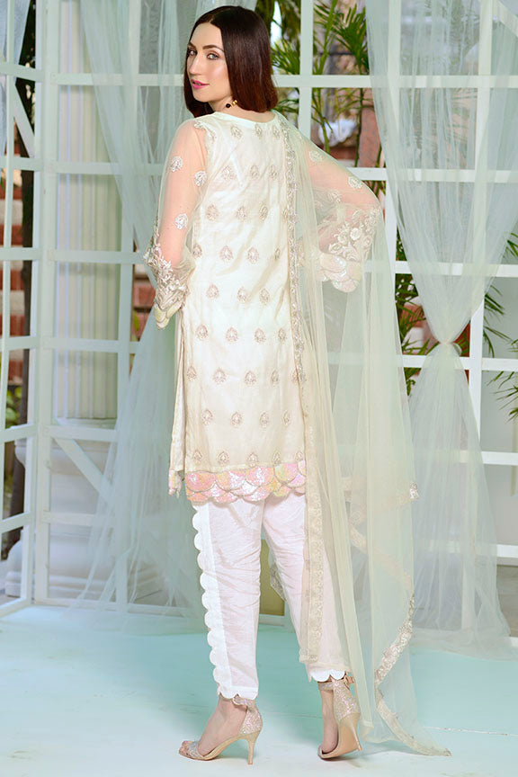 2174-PEARL-WHITE EMBROIDERED SILK NET STITCHED