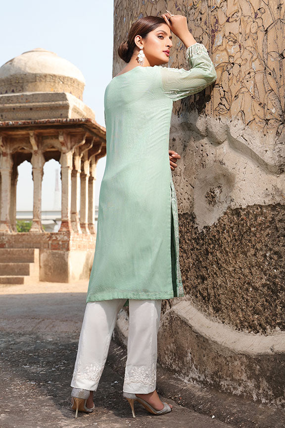 2192-AQUA-GREEN EMBROIDERED COTTON NET STITCHED