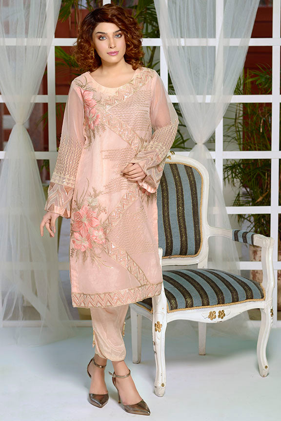 2193-PEACH EMBROIDERED ORGANZA STITCHED