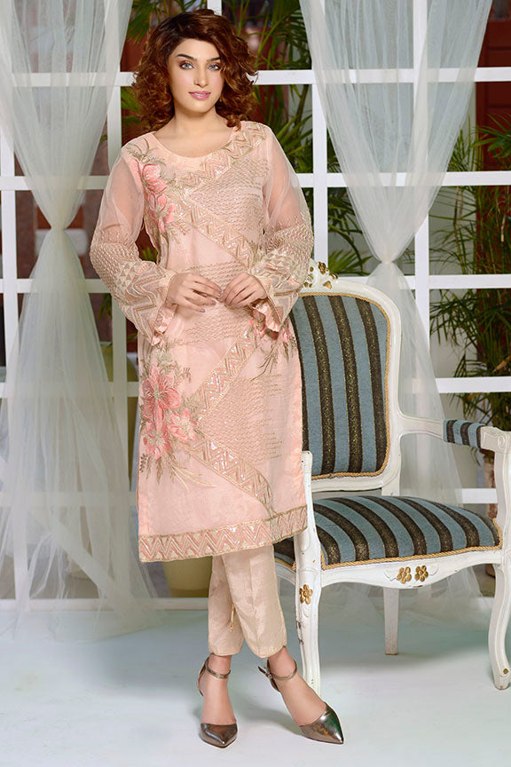 2193-PEACH EMBROIDERED ORGANZA STITCHED