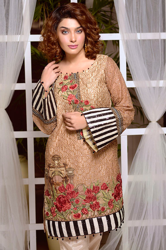 2194-LIGHT-BROWN EMBROIDERED ORGANZA STITCHED