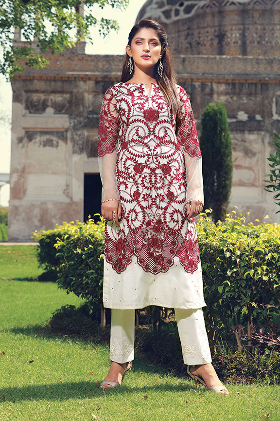 2199-WHITE EMBROIDERED SILK NET STITCHED