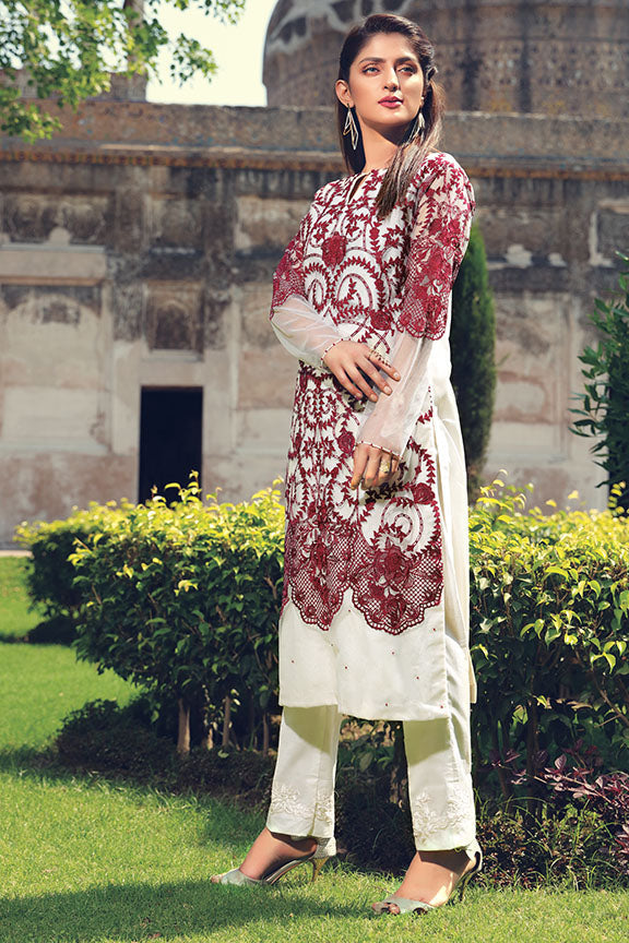 2199-WHITE EMBROIDERED SILK NET STITCHED