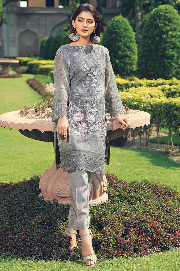 2238-DARK-GREY EMBROIDERED ORGANZA STITCHED