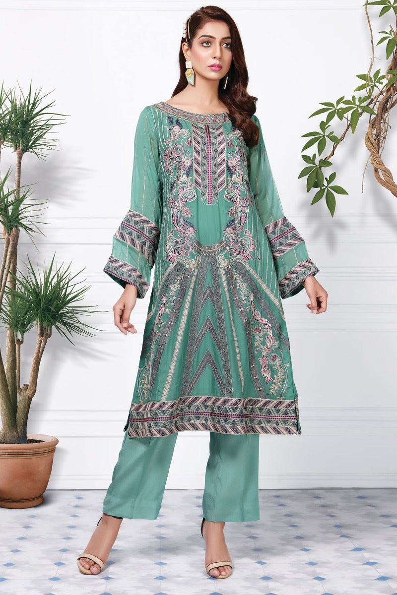 2358-AQUA-GREEN EMBROIDERED CHIFFON STITCHED