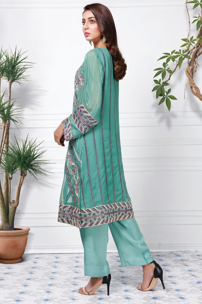 2358-AQUA-GREEN EMBROIDERED CHIFFON STITCHED