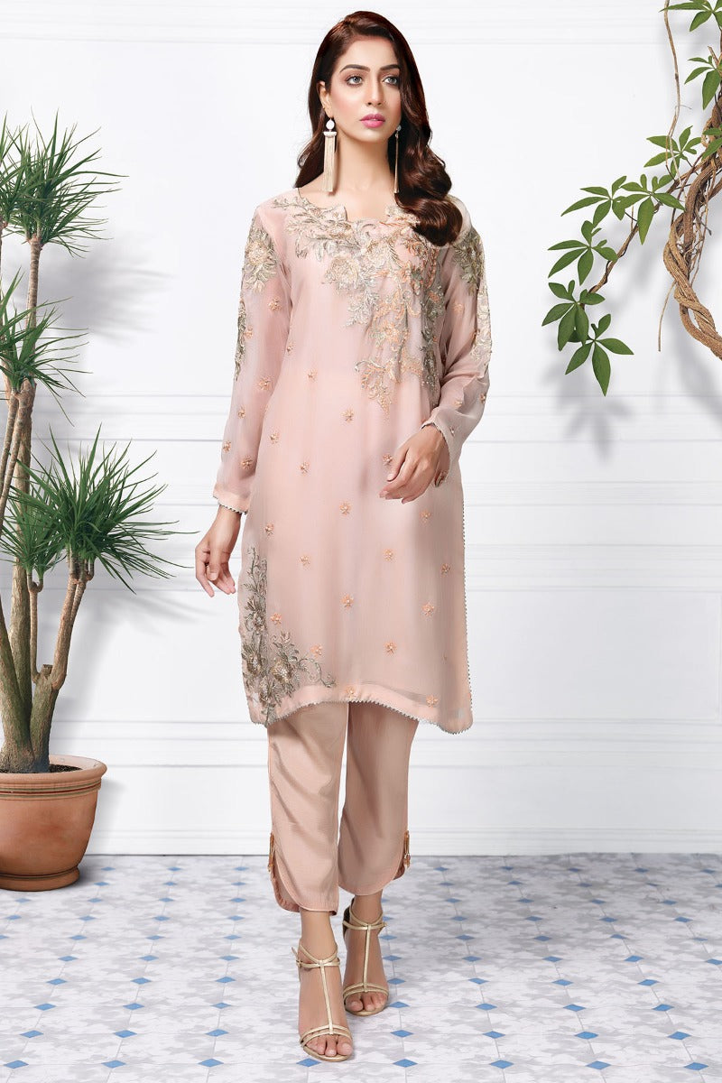 2361-PEACH EMBROIDERED CHIFFON STITCHED